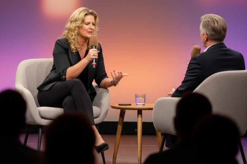 Natascha Enders im Gespräch auf einer Bühne – Interview-Moderation