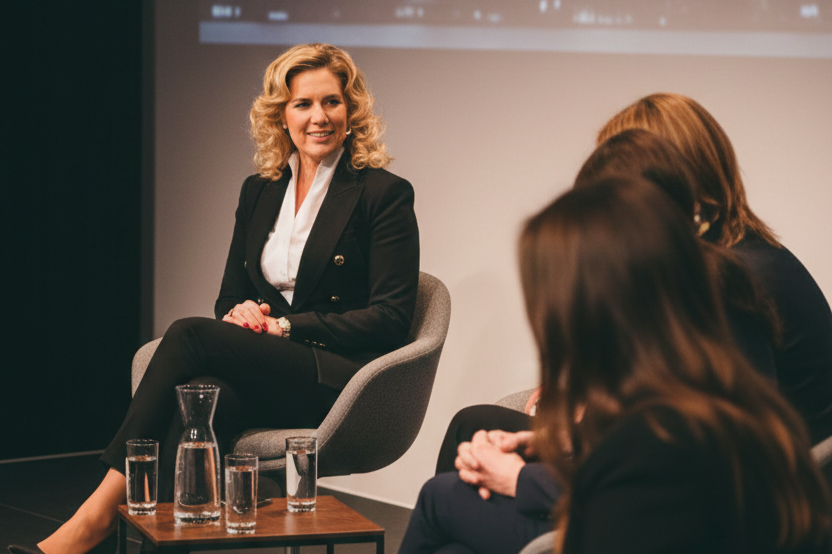 Natascha Enders moderiert eine Podiumsdiskussion auf einer Bühne mit mehreren Gästen